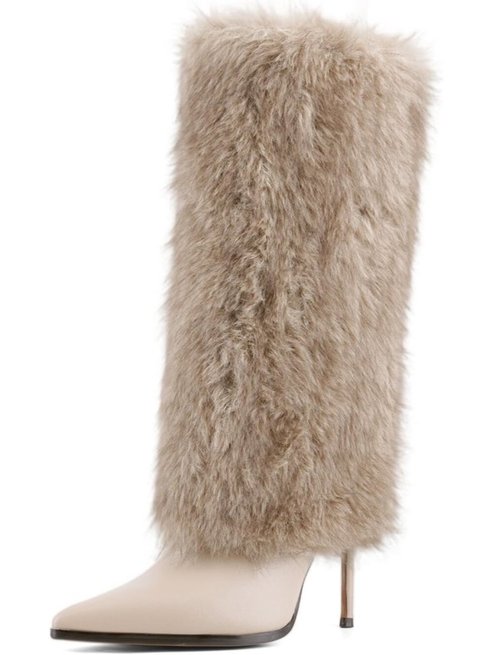 Women's Nude Fur Knee High Boots Pointed Toe Stiletto Heels Winter Tall Boots